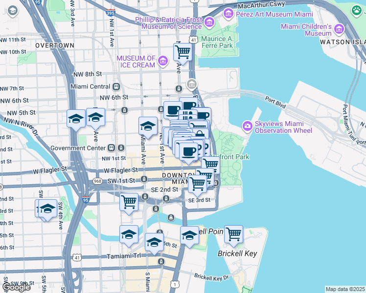 map of restaurants, bars, coffee shops, grocery stores, and more near 204 Northeast 2nd Street in Miami