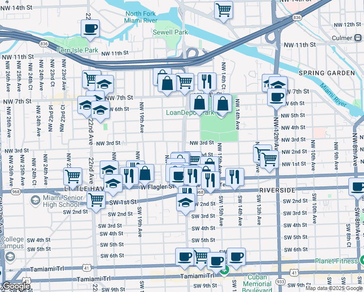 map of restaurants, bars, coffee shops, grocery stores, and more near 236 Northwest 17th Court in Miami