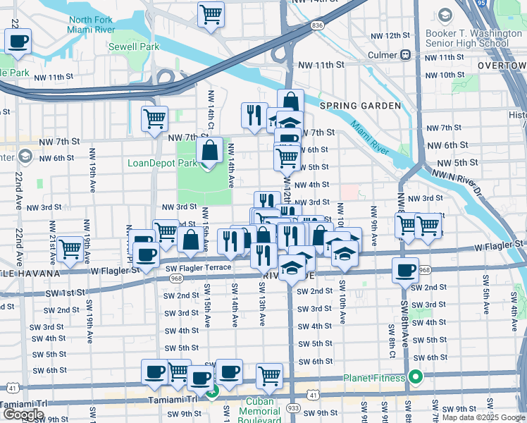 map of restaurants, bars, coffee shops, grocery stores, and more near 1240 Northwest 3rd Street in Miami