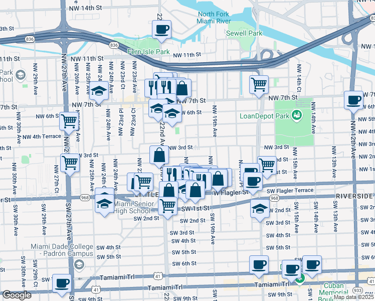 map of restaurants, bars, coffee shops, grocery stores, and more near 2044 Northwest 3rd Street in Miami