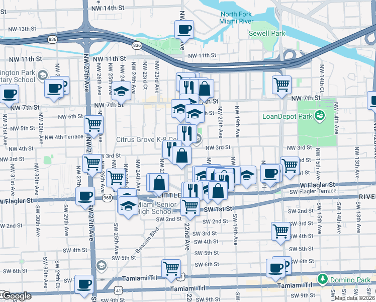 map of restaurants, bars, coffee shops, grocery stores, and more near 2172 Northwest 3rd Street in Miami