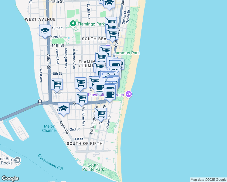 map of restaurants, bars, coffee shops, grocery stores, and more near 620 Ocean Drive in Miami Beach
