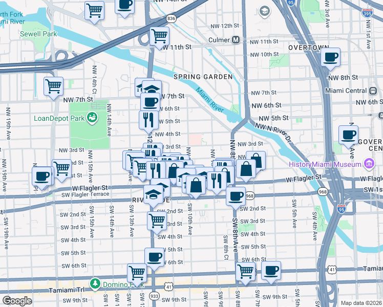 map of restaurants, bars, coffee shops, grocery stores, and more near 219 Northwest 10th Avenue in Miami