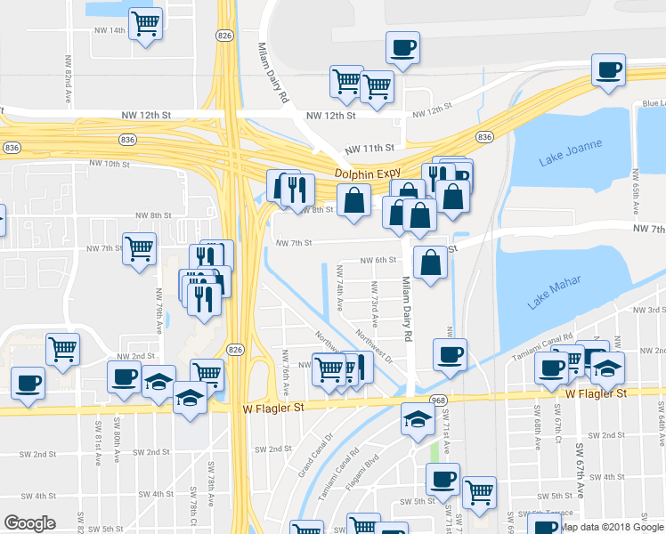 map of restaurants, bars, coffee shops, grocery stores, and more near 574 Northwest 74th Avenue in Miami