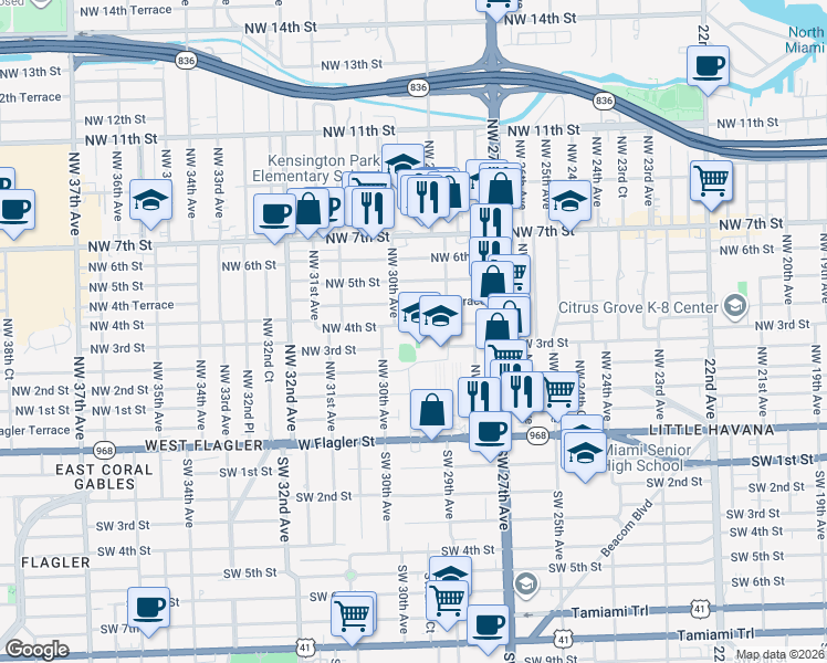 map of restaurants, bars, coffee shops, grocery stores, and more near 2860 Northwest 4th Street in Miami
