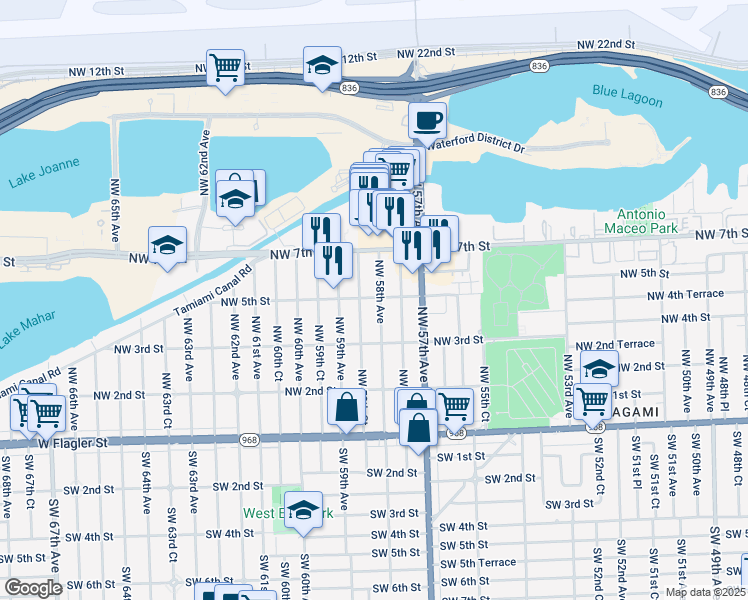 map of restaurants, bars, coffee shops, grocery stores, and more near 442 Northwest 58th Avenue in Miami