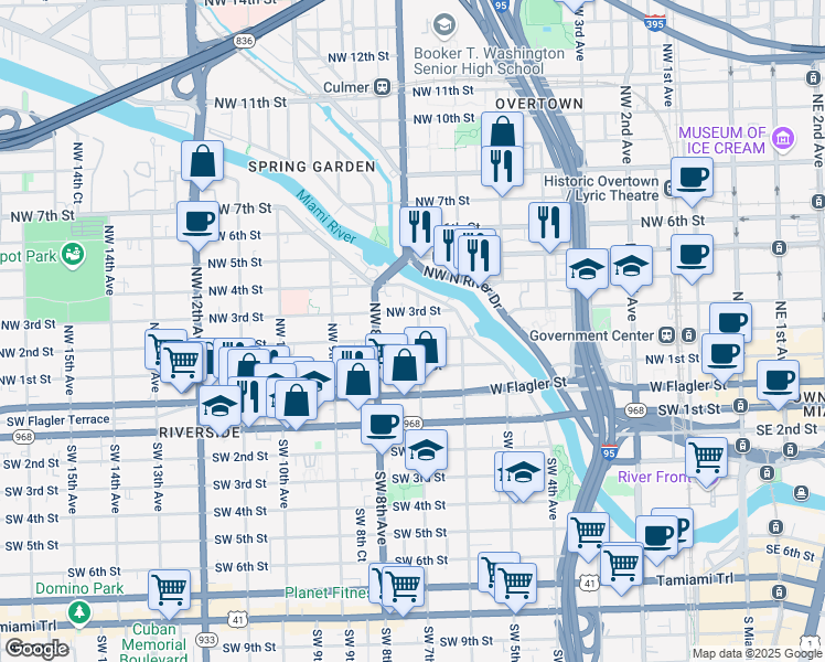 map of restaurants, bars, coffee shops, grocery stores, and more near 212 Northwest 7th Avenue in Miami