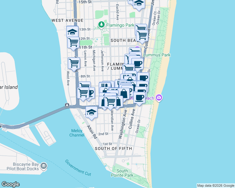 map of restaurants, bars, coffee shops, grocery stores, and more near 741 6th Street in Miami Beach