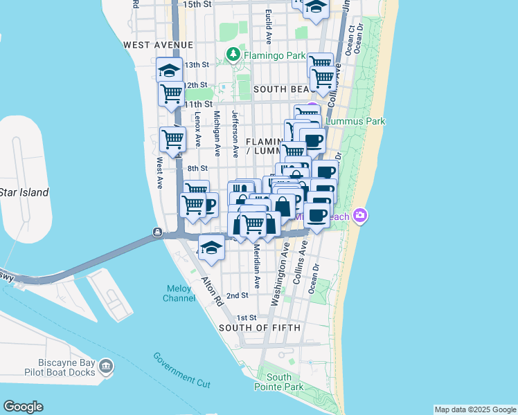 map of restaurants, bars, coffee shops, grocery stores, and more near 741 6th Street in Miami Beach