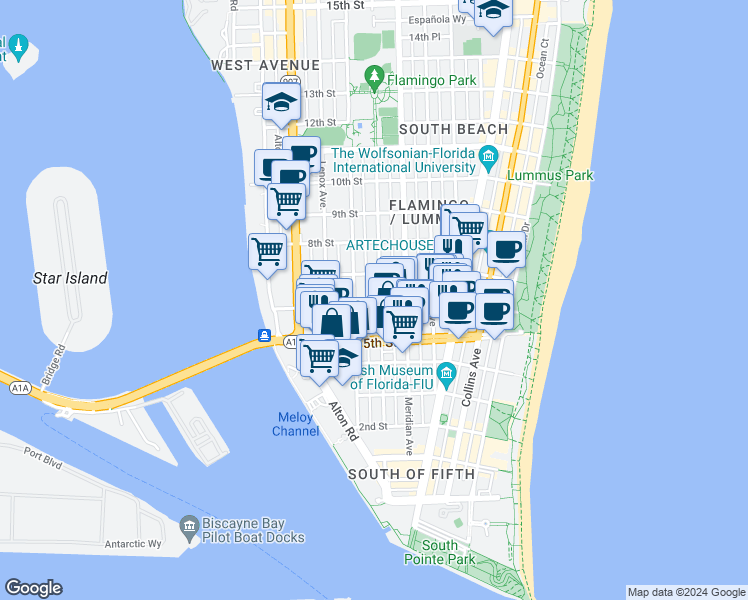 map of restaurants, bars, coffee shops, grocery stores, and more near 610 Jefferson Avenue in Miami Beach