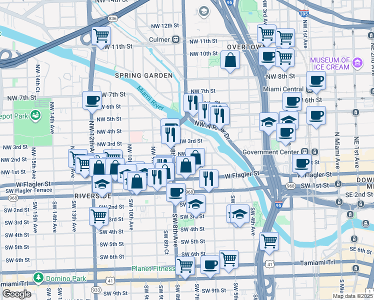map of restaurants, bars, coffee shops, grocery stores, and more near 212 Northwest 7th Avenue in Miami