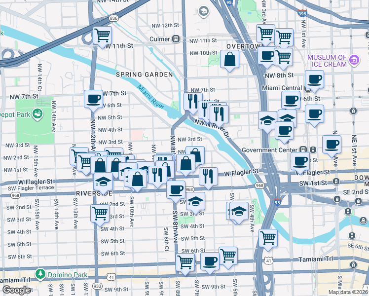 map of restaurants, bars, coffee shops, grocery stores, and more near 212 Northwest 7th Avenue in Miami