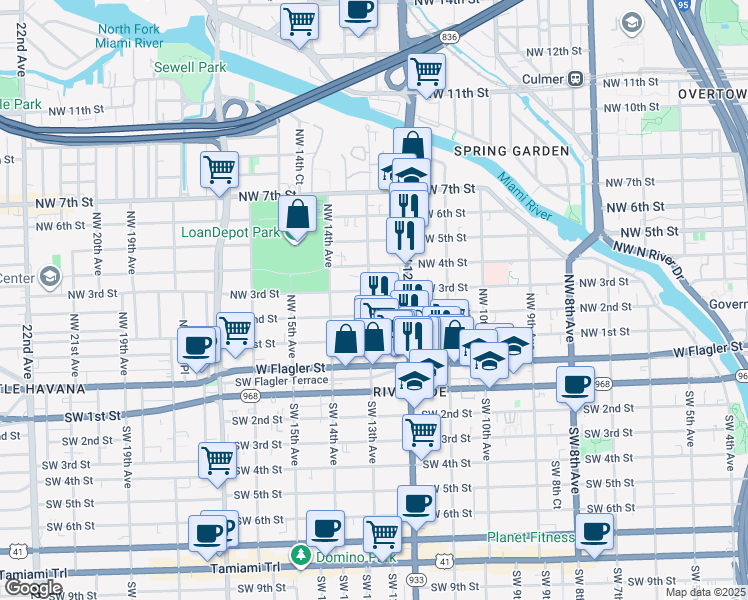 map of restaurants, bars, coffee shops, grocery stores, and more near 1240 Northwest 3rd Street in Miami