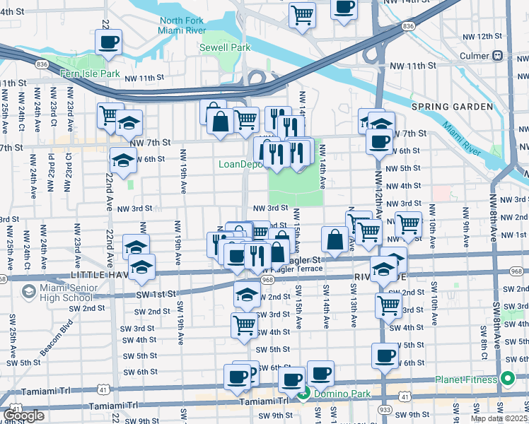 map of restaurants, bars, coffee shops, grocery stores, and more near 232 Northwest 16th Avenue in Miami