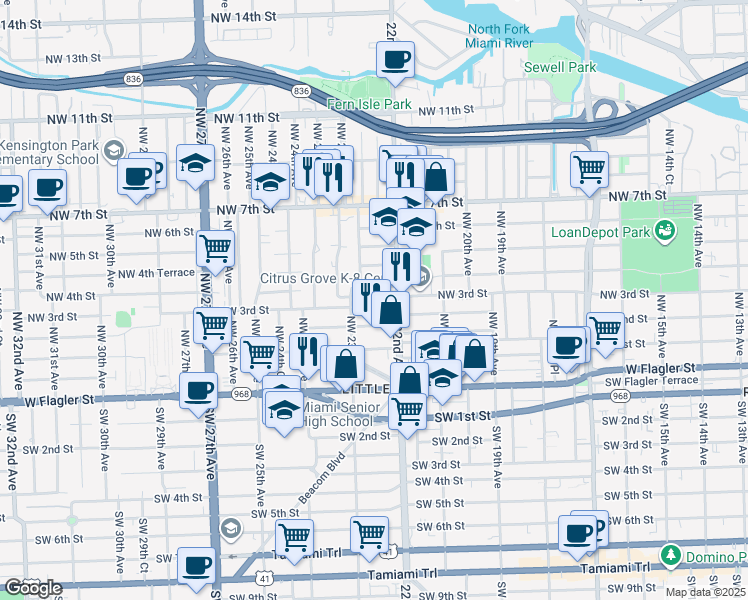 map of restaurants, bars, coffee shops, grocery stores, and more near 2239 Northwest 3rd Street in Miami