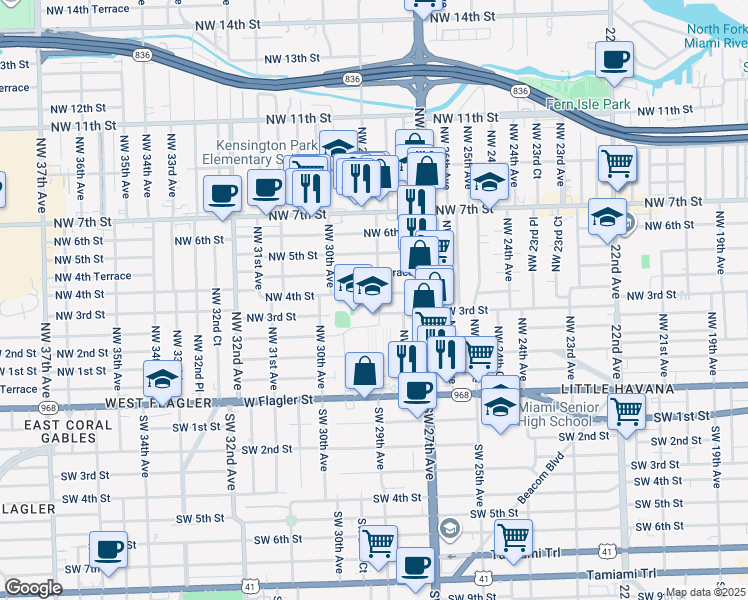 map of restaurants, bars, coffee shops, grocery stores, and more near 2784 Northwest 4th Street in Miami