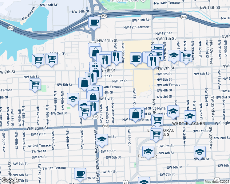 map of restaurants, bars, coffee shops, grocery stores, and more near 3935 Northwest 4th Street in Miami