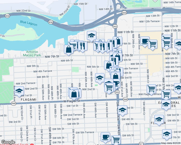 map of restaurants, bars, coffee shops, grocery stores, and more near 405 Northwest 44th Avenue in Miami
