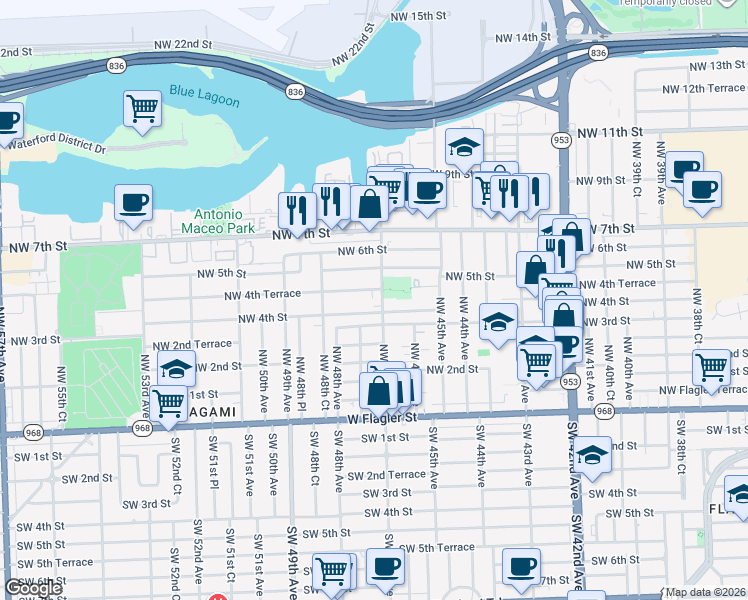 map of restaurants, bars, coffee shops, grocery stores, and more near 4710 Northwest 4th Terrace in Miami
