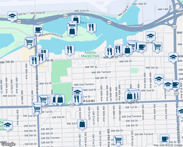 map of restaurants, bars, coffee shops, grocery stores, and more near 5122 Northwest 4th Terrace in Miami
