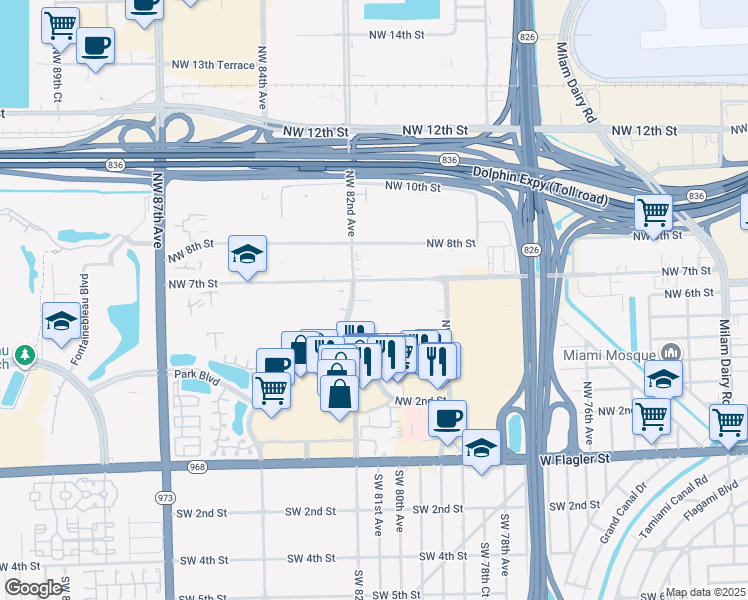map of restaurants, bars, coffee shops, grocery stores, and more near 551 Northwest 82nd Avenue in Miami
