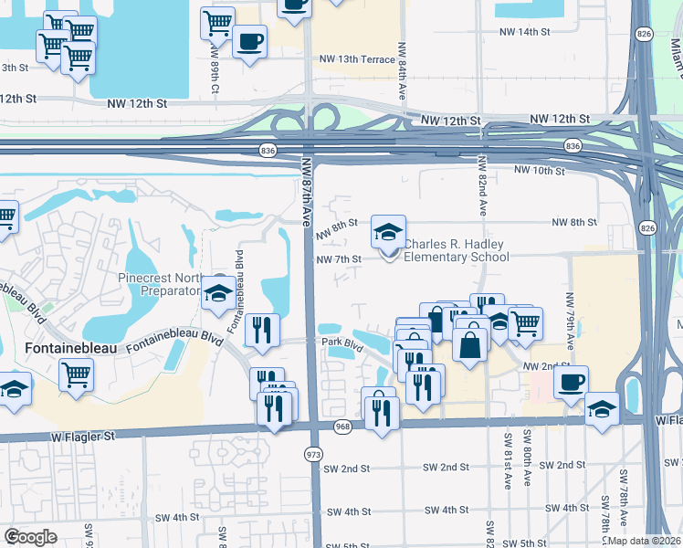 map of restaurants, bars, coffee shops, grocery stores, and more near 650 Northwest 86th Place in Miami