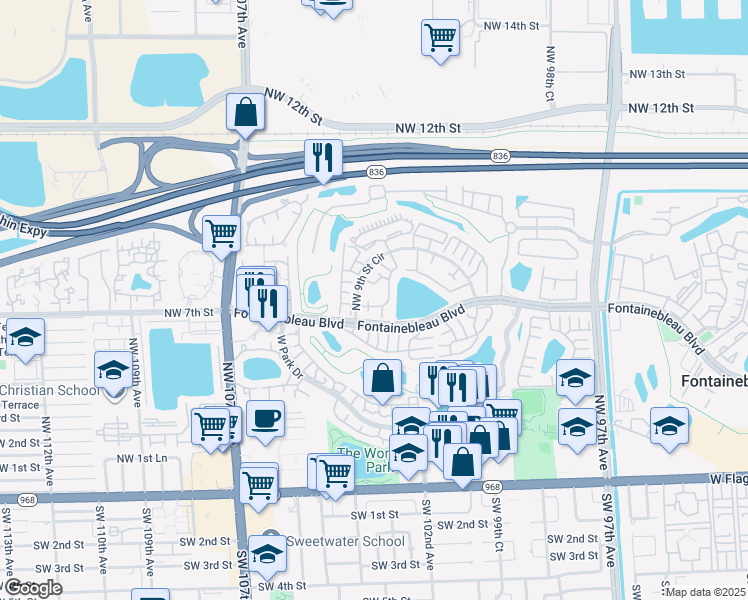 map of restaurants, bars, coffee shops, grocery stores, and more near 10211 Fontainebleau Boulevard in Miami