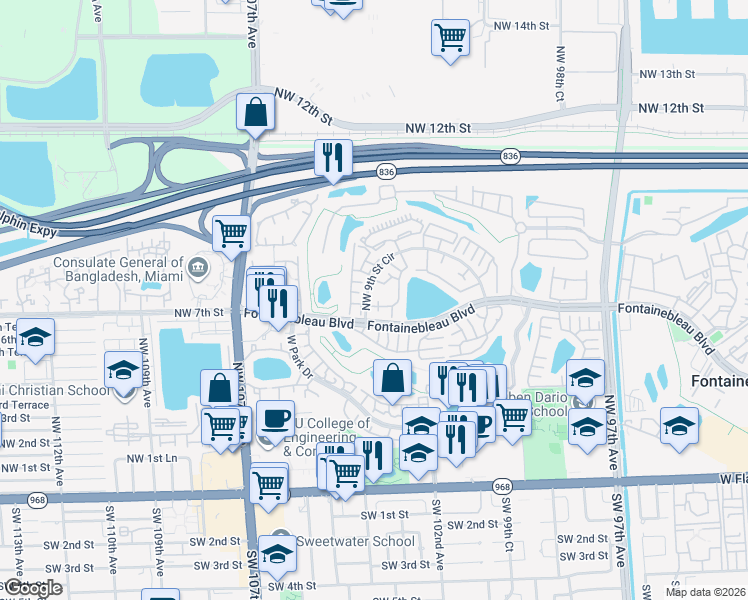 map of restaurants, bars, coffee shops, grocery stores, and more near 10300 Northwest 9th Street Circle in Miami