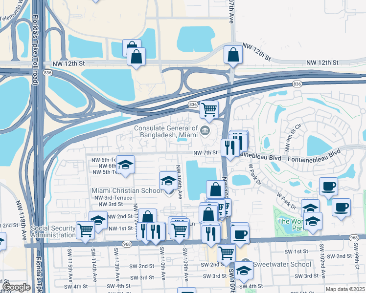map of restaurants, bars, coffee shops, grocery stores, and more near 10803 Northwest 7th Street in Miami