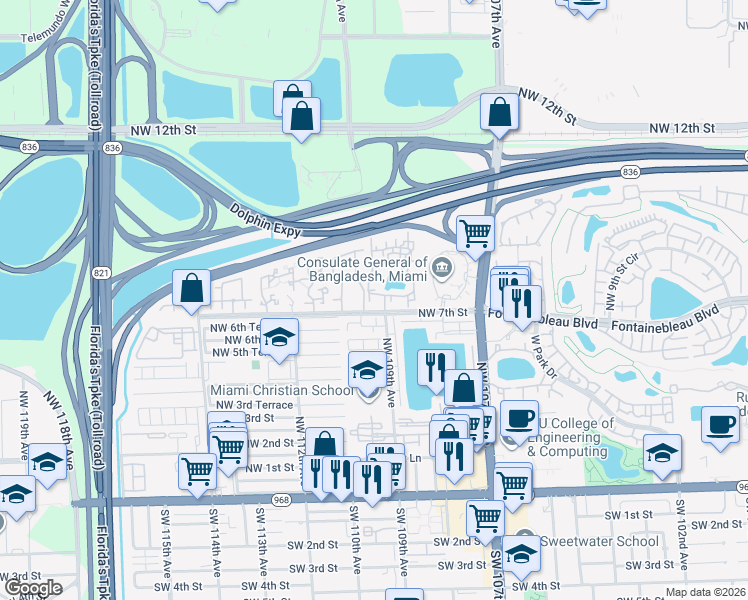 map of restaurants, bars, coffee shops, grocery stores, and more near 11001 Northwest 111th Court in Miami