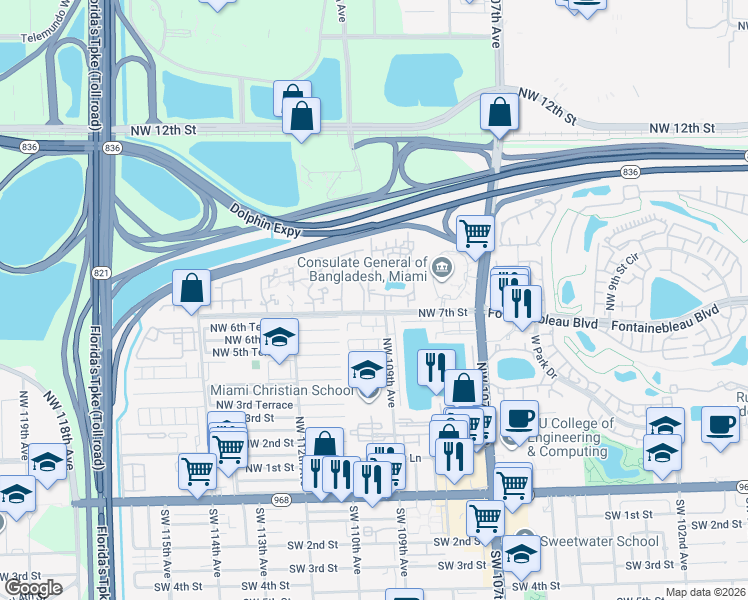 map of restaurants, bars, coffee shops, grocery stores, and more near 11001 Northwest 111th Court in Miami