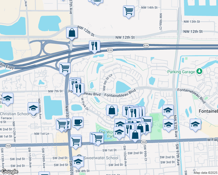 map of restaurants, bars, coffee shops, grocery stores, and more near 10211 Fontainebleau Boulevard in Miami
