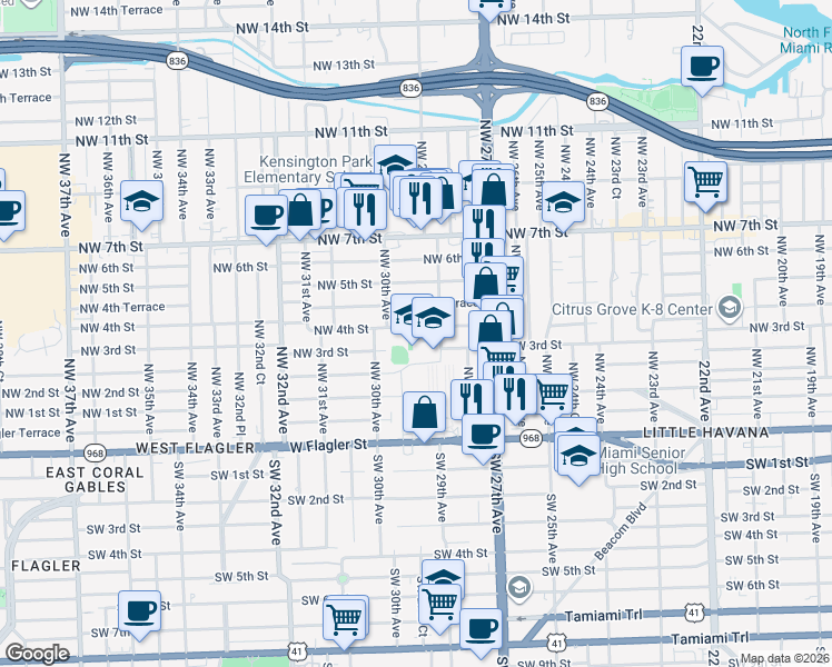 map of restaurants, bars, coffee shops, grocery stores, and more near 2860 Northwest 4th Street in Miami