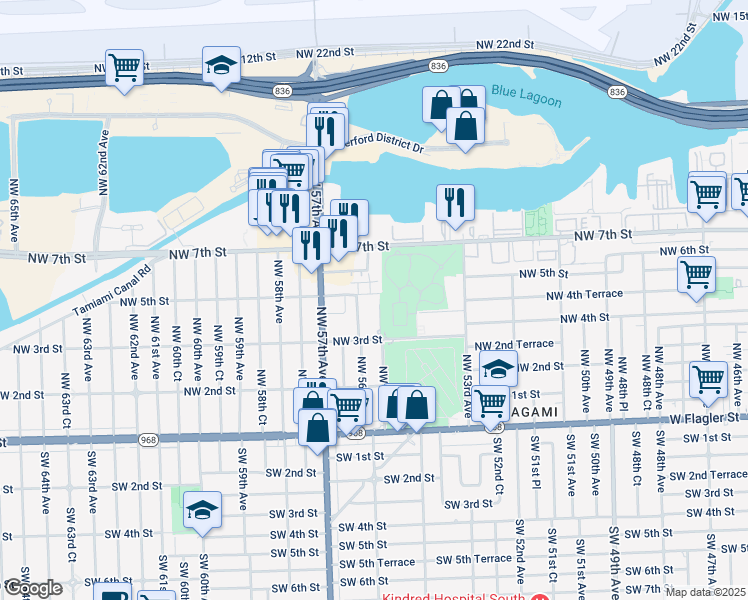map of restaurants, bars, coffee shops, grocery stores, and more near 5550 Northwest 5th Street in Miami