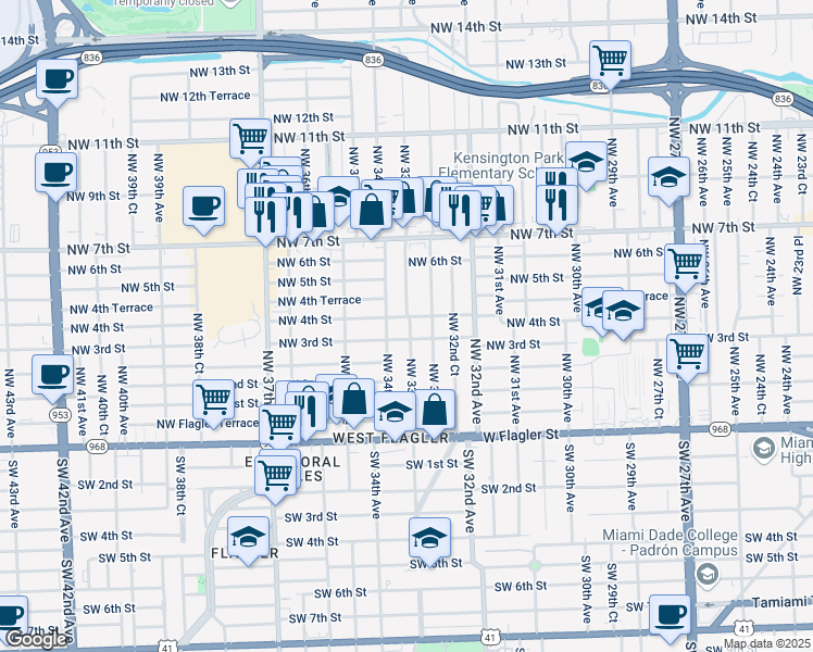 map of restaurants, bars, coffee shops, grocery stores, and more near 318 Northwest 33rd Avenue in Miami