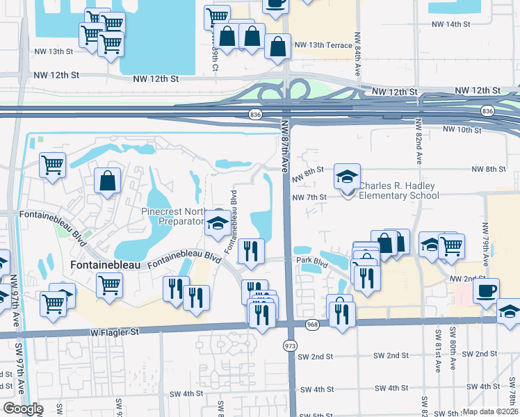 map of restaurants, bars, coffee shops, grocery stores, and more near 8895 Fontainebleau Boulevard in Miami