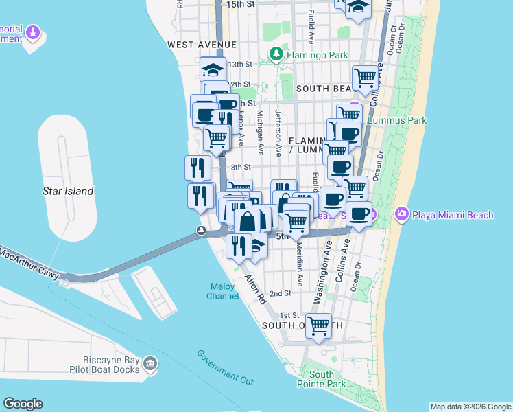 map of restaurants, bars, coffee shops, grocery stores, and more near 1035 6th Street in Miami Beach