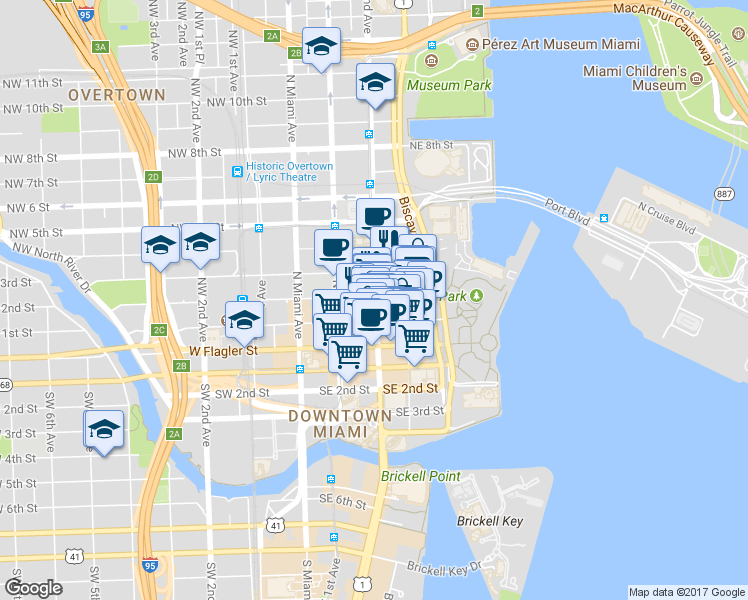 map of restaurants, bars, coffee shops, grocery stores, and more near 146 NE 2nd Ave in Miami