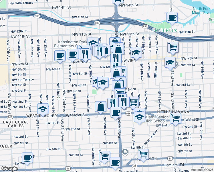 map of restaurants, bars, coffee shops, grocery stores, and more near 2784 Northwest 4th Street in Miami