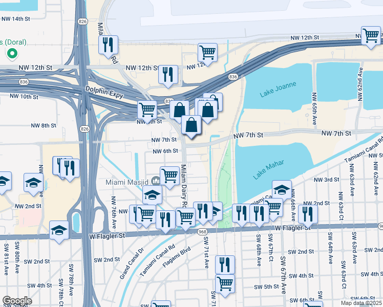 map of restaurants, bars, coffee shops, grocery stores, and more near 555 Northwest 72nd Avenue in Miami