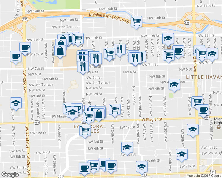 map of restaurants, bars, coffee shops, grocery stores, and more near 3432 Northwest 4th Street in Miami