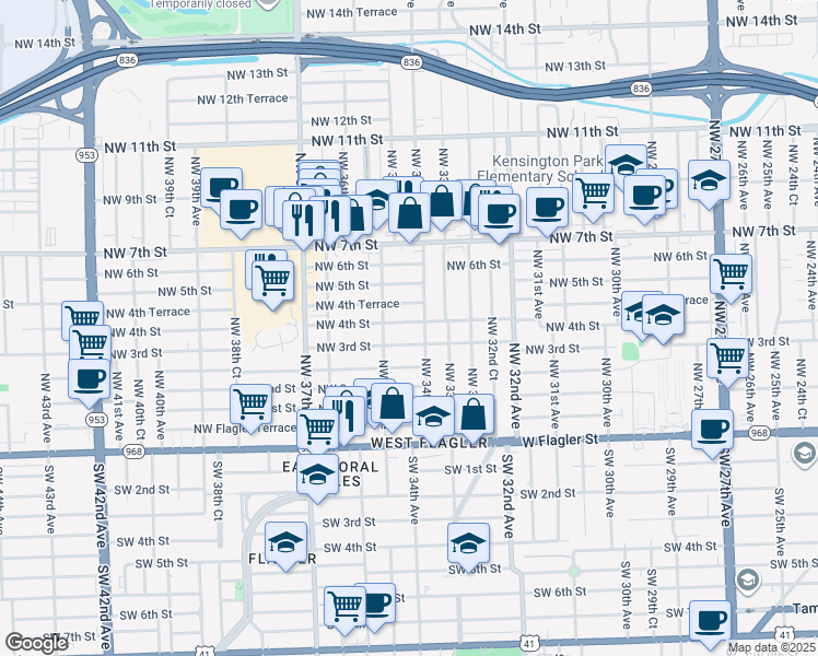 map of restaurants, bars, coffee shops, grocery stores, and more near 3432 Northwest 4th Street in Miami