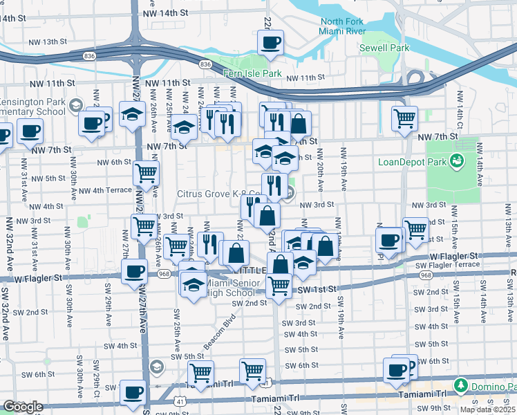 map of restaurants, bars, coffee shops, grocery stores, and more near 2239 Northwest 3rd Street in Miami