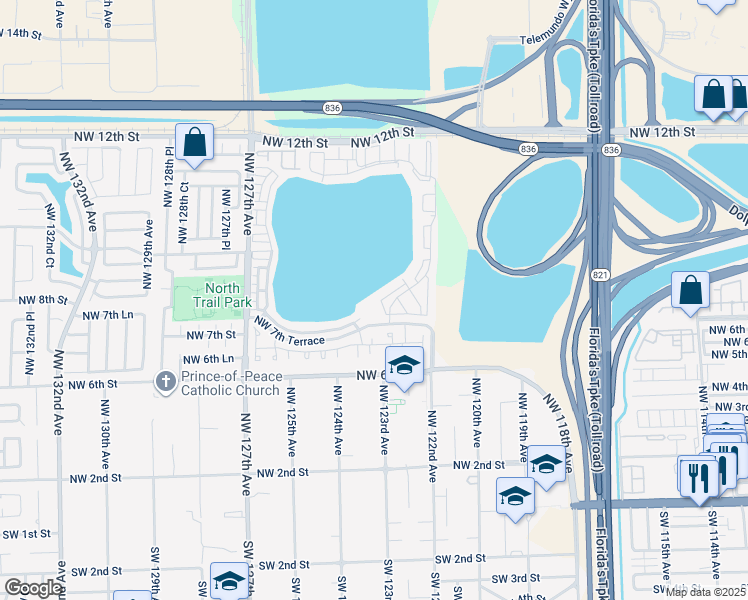 map of restaurants, bars, coffee shops, grocery stores, and more near 12360 Northwest 7th Trail in Miami