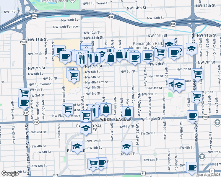 map of restaurants, bars, coffee shops, grocery stores, and more near 3432 Northwest 4th Street in Miami
