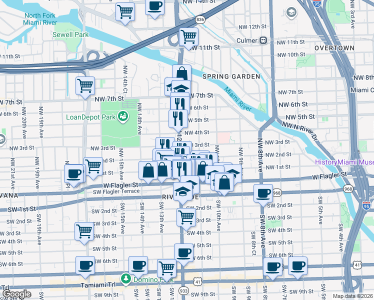 map of restaurants, bars, coffee shops, grocery stores, and more near 1152 Northwest 3rd Street in Miami