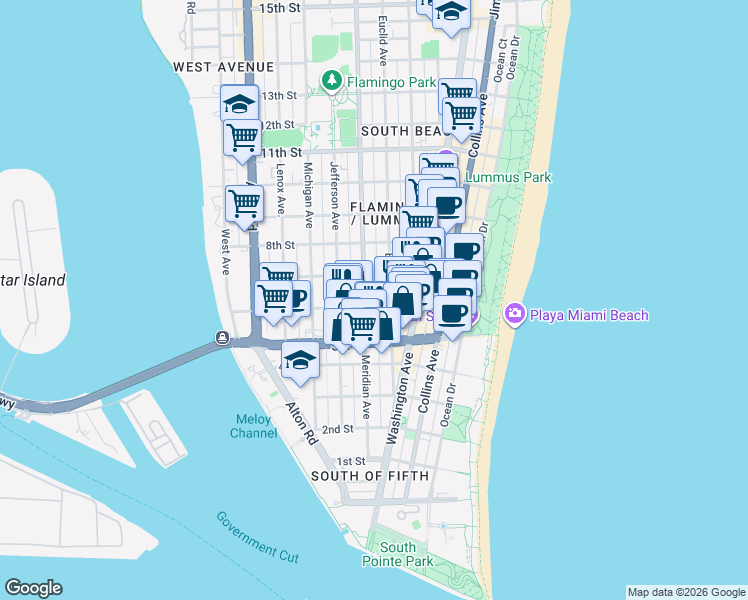 map of restaurants, bars, coffee shops, grocery stores, and more near 741 6th Street in Miami Beach