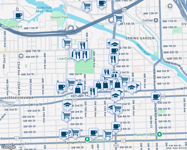 map of restaurants, bars, coffee shops, grocery stores, and more near 1420 Northwest 3rd Street in Miami