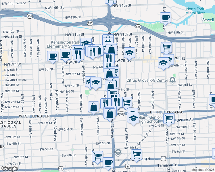 map of restaurants, bars, coffee shops, grocery stores, and more near 352 Northwest 27th Avenue in Miami