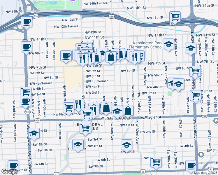 map of restaurants, bars, coffee shops, grocery stores, and more near 3432 Northwest 4th Street in Miami